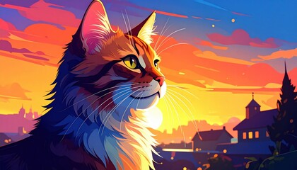 Poster - Majestic cat gazes at a vibrant orange sunset over a European cityscape.