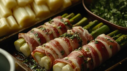 Poster - A close-up of bacon being wrapped around asparagus spears, set on a baking sheet ready for roasting, with herbs scattered around for garnish.