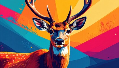 Poster - A vibrant portrait of a majestic stag with bold geometric background design