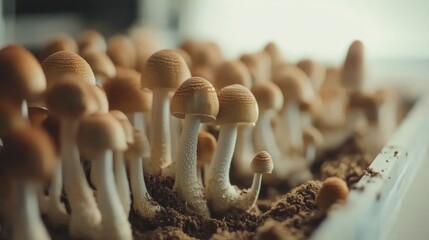 Poster - A close-up of mushrooms growing in a farm setting, with a focus on the rich soil and healthy mycelium, showcasing the cultivation process of these nutritious fungi.