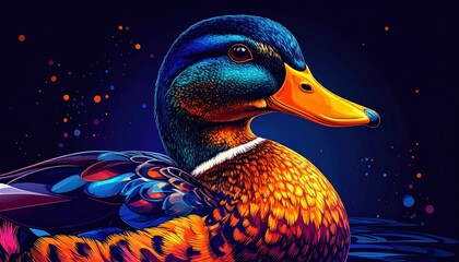 Poster - A colorful duck portrait with blue, orange and dark background shimmers.