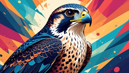 Poster - A striking falcon portrait displays vibrant abstract geometrical background.