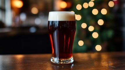 Aufkleber - A close-up shot of a beer glass with a vibrant amber hue, showcasing the bubbles and froth, set against a blurred background of a pub.