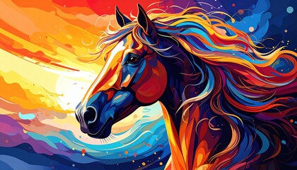 Leinwandbilder - A horse with flowing mane is rendered in vivid colors against bright sky