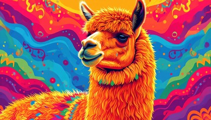 Poster - An orange llama stands out vibrantly against a psychedelic, colorful art.