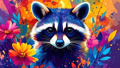 Poster - A vibrant raccoon portrait is surrounded by colorful flowers in a painting.
