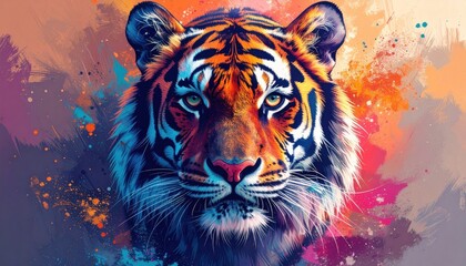 Poster - A majestic tiger portrait is beautifully rendered with vibrant colorful splashes.