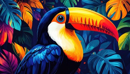 Poster - A vividly colored toucan portrait sits amidst lush tropical jungle foliage.
