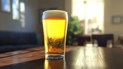 Poster - A frosty pint glass filled with golden beer, topped with a thick, creamy head, sitting on a wooden table with soft natural light highlighting the glass.