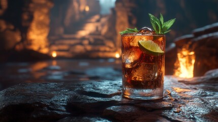 Poster - A highball glass filled with soda, garnished with fresh mint leaves and lime slices, resting on a textured stone surface with soft lighting.