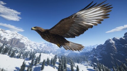 Poster - A majestic eagle soaring gracefully against a clear blue sky, with its wings fully extended, showcasing the beauty and power of avian flight.
