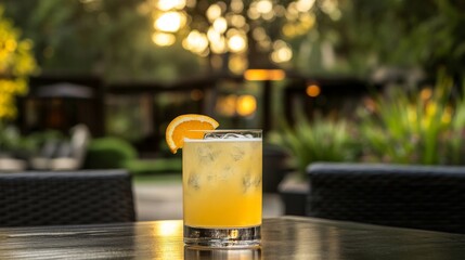 Poster - A pint of wheat beer served in a curvy glass, with a slice of orange on the rim, sitting on a dark wooden table with a blurred beer garden in the background.