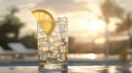 Poster - A refreshing glass of fizzy soda filled with ice cubes, topped with a slice of lemon, and bubbles rising to the surface, set against a bright summer background.