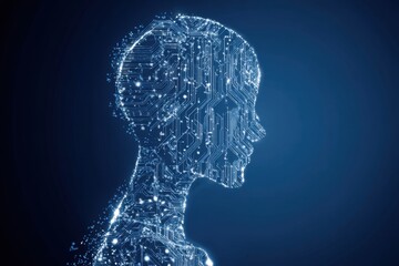 Abstract Digital Head Profile Circuit Board Lines and Glowing Nodes on a Dark Blue Background