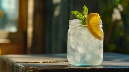 Poster - A refreshing soda served in a mason jar with ice, topped with a lemon slice and mint, sitting on a rustic wooden table in natural light.