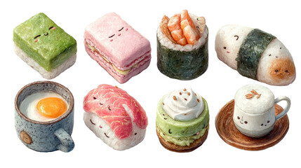 Poster - Charming collection of kawaii food characters displayed on a white background creating a playful atmosphere