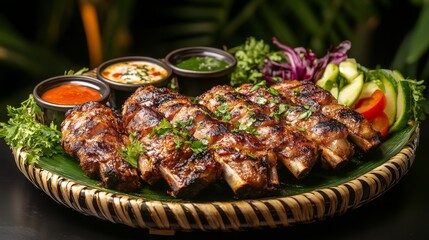 Poster - A savory scene of grilled pork ribs placed on a decorative platter, with dipping sauces and fresh veggies arranged artfully around the dish, highlighting flavor combinations.