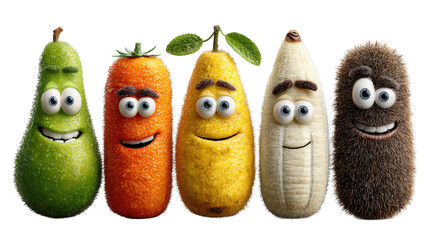 Poster - Colorful group of funny fruit characters displaying unique personalities and expressions on a bright white background