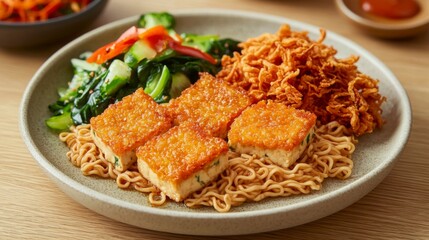 Aufkleber - A serene image of instant noodles served with a side of crispy fried tofu and vegetables, arranged beautifully on a plate, emphasizing a well-balanced meal.