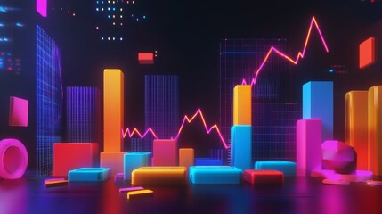 Poster - A set of colorful D financial graphs showing stock performance and business growth, set against a dark background with digital elements.