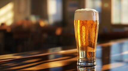 Aufkleber - A tall glass of pale lager with a perfect head of foam, illuminated by golden sunlight, casting warm reflections on a smooth countertop.