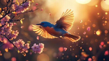 Poster - A vibrant bluebird in full flight, captured in sharp detail as it flits between branches, surrounded by blooming flowers in a sunny garden.