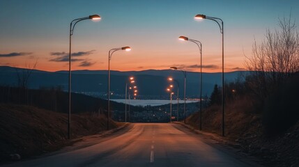 Aufkleber - Streetlights glowing on an empty city road at dawn, with the first hints of sunlight in the sky and a serene, quiet morning atmosphere.