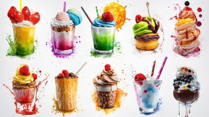 Poster - Artistic dessert collection in watercolor, showcasing sweet treats with gentle brush strokes