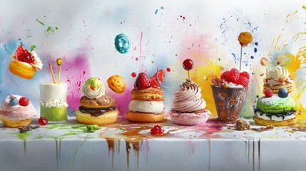 Poster - Artistic dessert collection in watercolor, showcasing sweet treats with gentle brush strokes