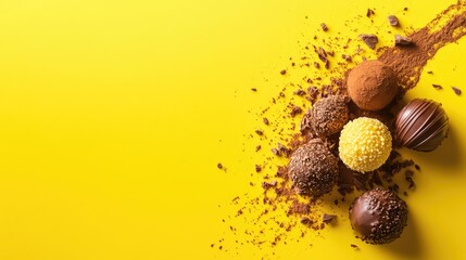 Poster - Artful arrangement of chocolate truffles with textured coatings on a sunny yellow backdrop
