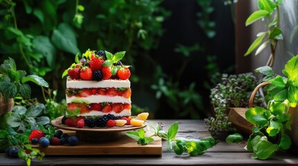Poster - Aesthetic food photo with layered sweets and herbs on wooden background