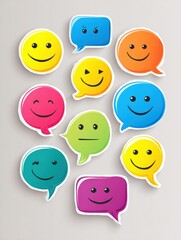 Fototapete - Bright Smiley Face Stickers With Speech Bubbles in Various Colors Arranged on a Light Background