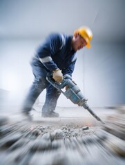 Poster - Worker Operates Jackhammer in a Clean Urban Space With Motion Blur Effect During Construction Activity