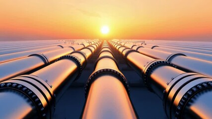 Poster - Industrial pipelines extending across arid landscape, converging toward golden sunset, highlighting complex petroleum transportation network and global energy infrastructure