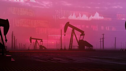 Poster - Oil pumps extracting crude oil at sunset with stock market data and binary code displayed in a futuristic pink sky, illustrating the connection between oil prices and the global economy