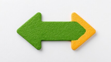 Poster - Green and Yellow Felt Arrows Pointing in Opposite Directions Symbolizing Choice or Alternatives on a White Surface