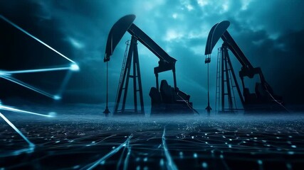 Aufkleber - Industrial oil pumps silhouetted against dark sky, networking digital connections representing petroleum sector technological innovation and energy extraction