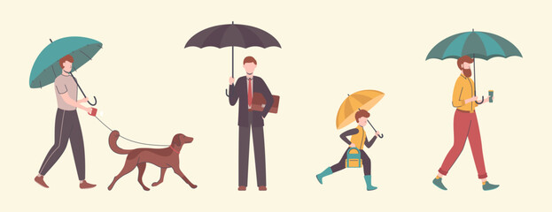 Poster - Cartoon Color Characters Men Holding Umbrella Set Rainy Weather Concept Flat Design Style with Lineart Elements. Vector illustration