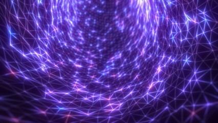 Poster - Glowing purple energy mesh forming a twisting tunnel of connected triangular nodes in a digital space