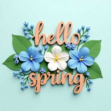 Greeting card with flowers and greenery with the inscription Hello Spring.