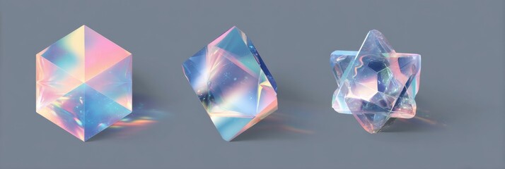 Fototapete - Holographic Sticker Mockups Showcasing Unique Geometric Shapes and Vibrant Colors in a Sky Zone Light Environment