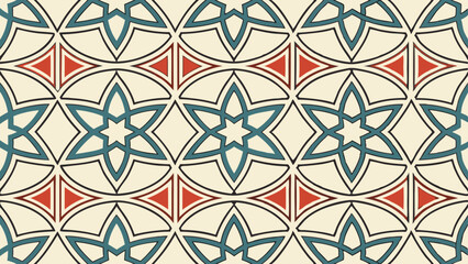 Poster - Repeating pattern of teal stars and red triangles on a cream background forming a geometric design created with generated ai