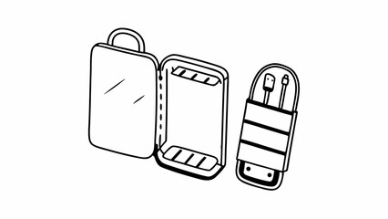 Poster - Illustration of open and closed cases with handles and accessories in a simple black line drawing created with generated ai