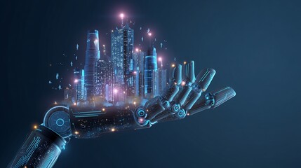 Futuristic robot hand holding a digital city model.