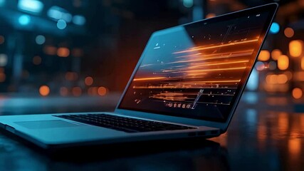 Online shopping concept with glowing cart on laptop for ecommerce and digital marketing growth now trends. Futuristic laptop with hologram shopping cart. Digital shopping concept on modern laptop