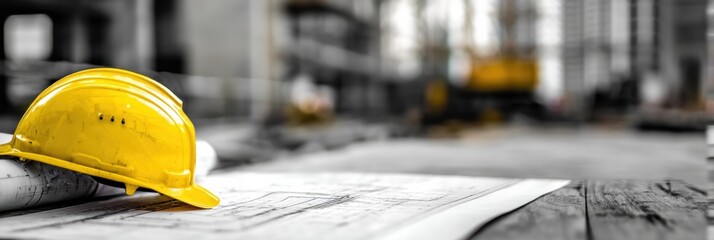 Poster - Construction Workspace Features Yellow Helmet and Blueprint on Wooden Table, Highlighting Ongoing Project Planning and Preparation