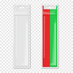 Wall Mural - hanging cardboard and clear plastic long rectangle blister box. realistic 3d vector mockup. blank tr
