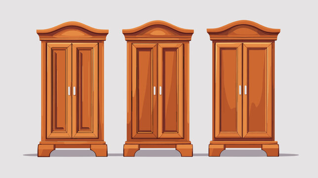 Three Brown Pixel Art Wardrobes with Closed Doors Classic Home Furniture Design Retro Vintage Style Illustration on White Background