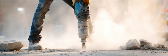 Aufkleber - Worker Operates Jackhammer in Construction Site With Motion Blur Showcasing Action and Dust Particles