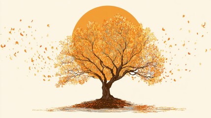 Aufkleber - Bodhi Tree in Autumn With Vibrant Falling Leaves Around a Central Open Space Against a Warm Sunlit Background